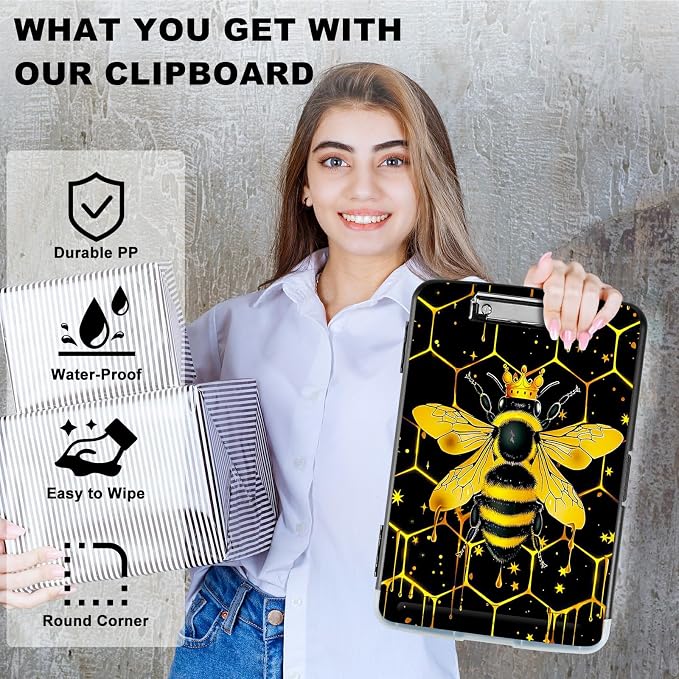 Bee Black Background A4 Clipboard with Storage Pen Holder, Clipboards Organizer Nursing Clipboard Foldable File Folder Plastic Clipboard Folio Clip Board for Office Students Classroom