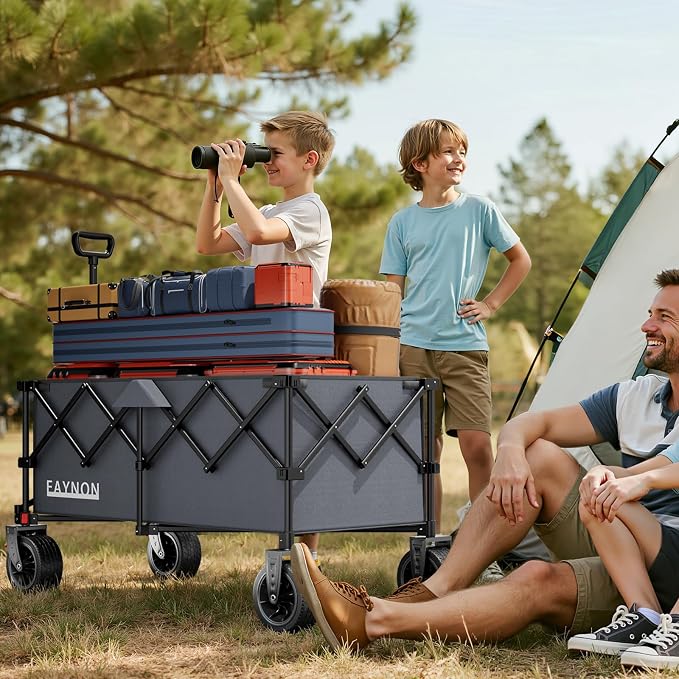 46" L Collapsible Foldable Extended Wagon, 500LB Weight Capacity with 280L Heavy Duty Folding Cart,Utility Wagon with All-Terrain Beach Wheel & Drink Holders,Gray