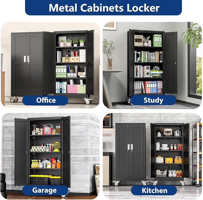 Ckzbx Metal Garage Storage Cabinet with Locking Doors and Adjustable Shelves,61" H Rolling Tool Storage with Wheels for Garage,Office (Black)