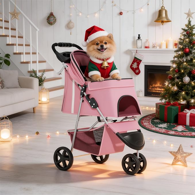 MoNiBloom Pet Stroller for Small/Medium Dogs and Cats up to 33 lbs, Pink | Foldable Dog Stroller 3 Wheels Pet Strolling Cart w/ Storage Basket Cup Holder, Breathable and Visible Mesh for All-Season