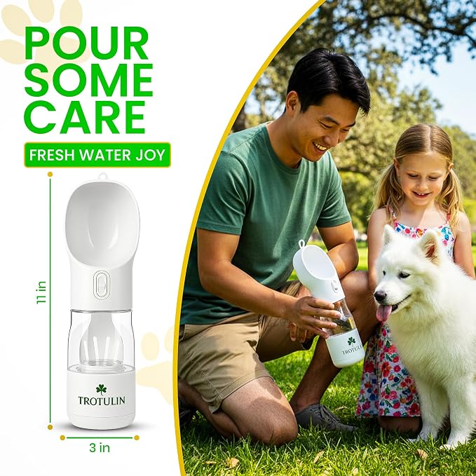 3-in-1 Portable Dog Water Bottle & Food Container,Leak Proof Pet Dispenser with Bowl, Poop Bag Holder & Wrist Strap, BPA Free Travel Water Bottle for Dogs & Cats, Outdoor Walks & Hiking