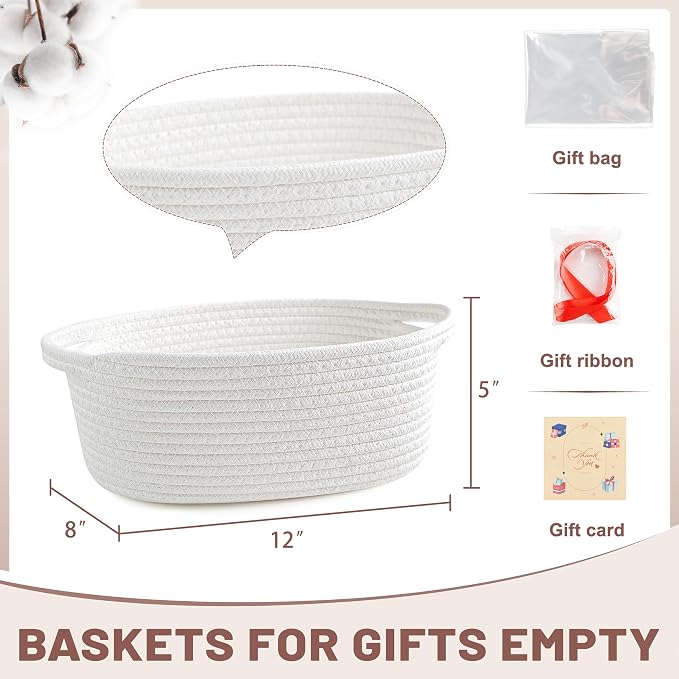 Bufims Small Woven Basket Gift For Empty With Ribbons and Bags, Durable Cute Gifts 12"X 8" X 5"Small Rope Basket for Gifting,White