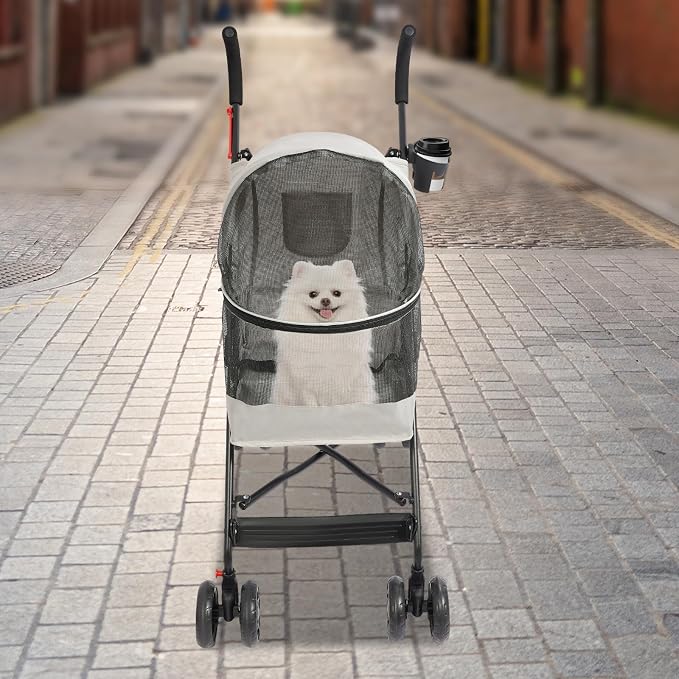 Pet Stroller, Foldable Pet Travel Stroller with Weather Cover, 2 Wheels Pet Strolling Cart for Small Medium Dogs Cats with Cup Holder Breathable Visible Mesh Outdoor Stroller for All-Season (Gray)