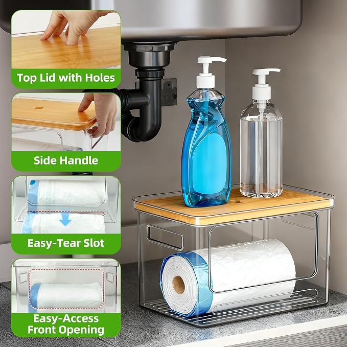 Trash Bag Holder with Lid, Large Garbage Bag Dispenser for 13-33 Gallon Bags, Space-Saving Organizer for Under Sink, Kitchen, Laundry Room Organization, Pantry Organizers and Storage