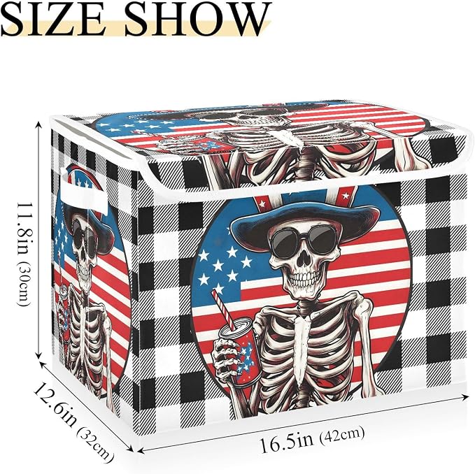 Fabric Storage Bins with Lid America Skull Closet Storage Basket 40L | Decorative Storage Boxes, Foldable & Stackable, Dust-Proof Flip Top, Reinforced Handles, For Home & Dorm, Clothes & Toy Box