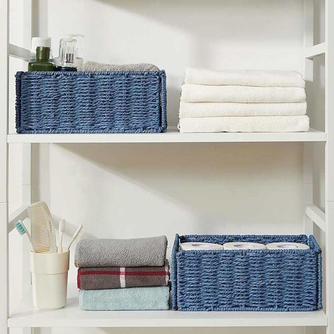 Vagusicc Wicker Storage Basket, Set of 2 Hand-Woven Paper Rope Wicker Basket, Small Storage Baskets for Organizing Toilet Paper Basket, Foldable Large Cube Storage Organizer Bins for Shelves (Blue)