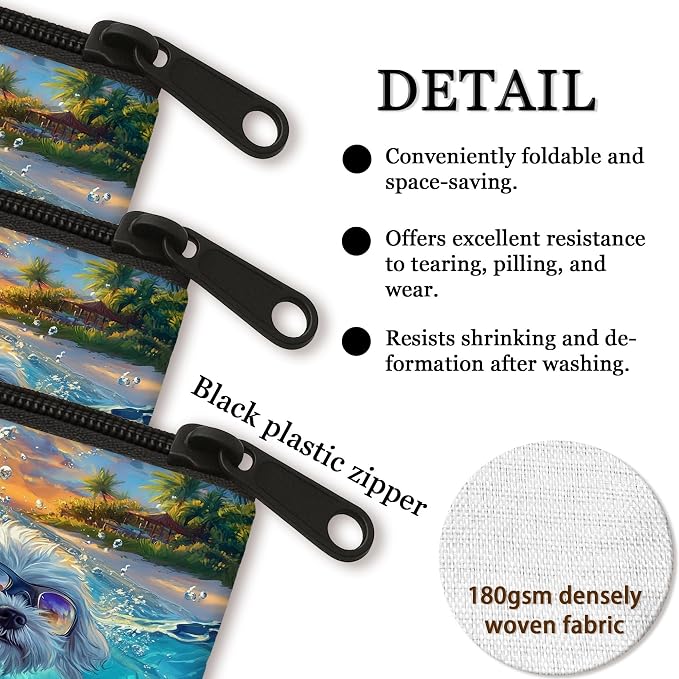 Maltese Dog Makeup Bag, Funny Coastal Beach Ocean Printed Cosmetic Travel Pouch for Women, Pet Portable Small Canvas Zipper Organizer 7x9 Inch