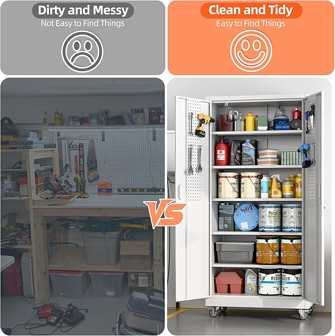 71" White Metal Storage Cabinet with Wheels and Pegboard | 16"D x 32"W x 71"H steel cabinet; lockable doors, 5 adjustable shelves, and wheels for garage, office, pantry.