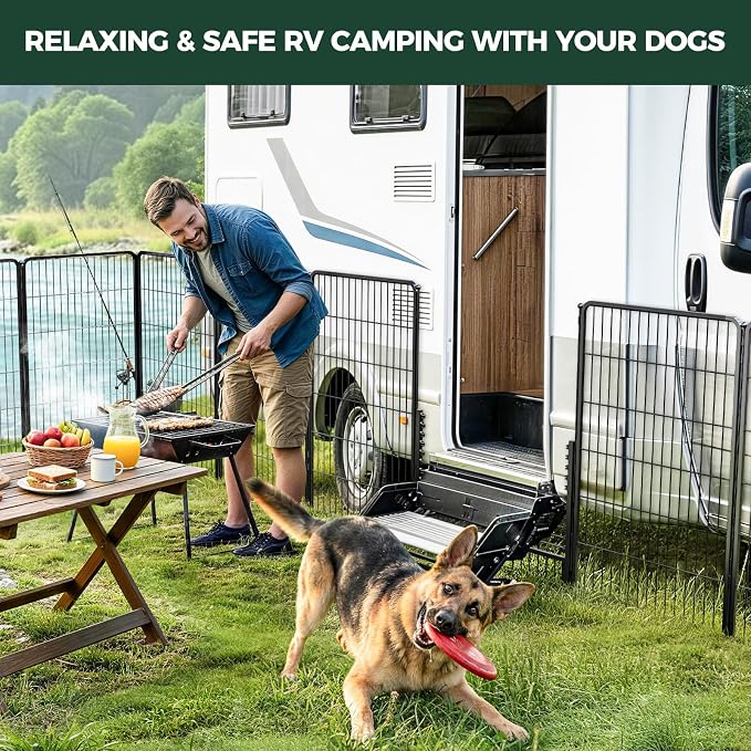 FXW Rollick Dog Playpen with RV Step Grid for RV Camping, 45" H, 16 Panels | Easy Setup & Sturdy, Blocks RV Stair Gaps, Fits RV Steps up to 30"W, For Large Dogs, Patented