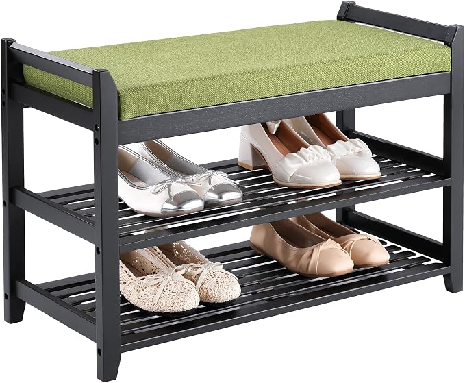 PETKABOO Shoe Rack Bench with Storage 27.6 in, Black Shoe Storage Bench with Cushion for Entryway, Hallway, Bedroom, Living Room
