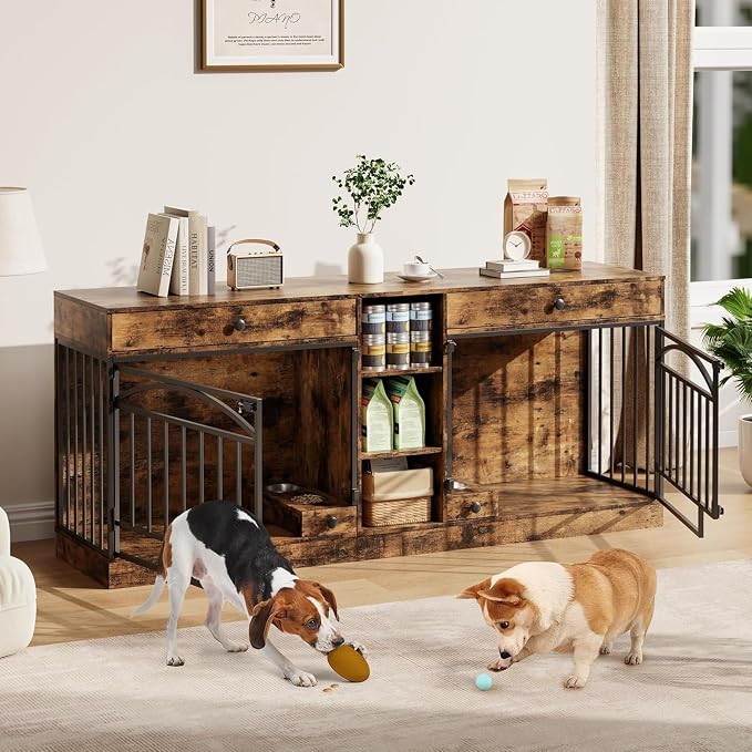 Dog Crate Furniture for 2 Dogs, Double Dog Crate TV Stand, Brown | 78.7'' Large Dog Kennel Indoor, 2 Storage Drawers, 3 Shelves and Feeding Bowls, Pet Kennel for Small and Medium Dogs