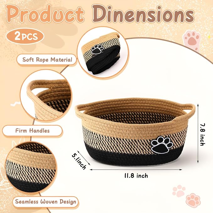 2 Pcs Dog Toy Basket Gift Baskets for Organizing Woven Organizers Cat Toy Food Storage Bin Cute Dog Paw Rope Storage Organizer with Handle, Cat Holder Container 11.8 x 7.8 x 5.1 Inch