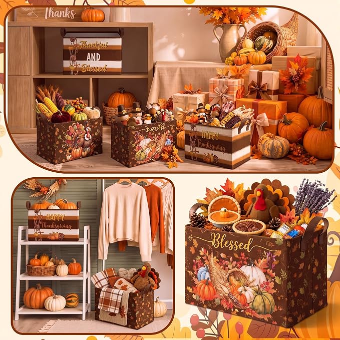 4 Pcs Fall Storage Basket for Gifts Empty Large Thanksgiving Turkey Storage Bins with Handles 15 x 10 x 8 Fabric Laundry Baskets Harvest Collapsible Organizer Boxes for Home Clothes Toys Books
