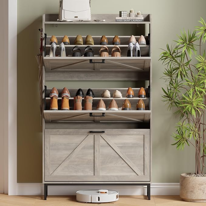 Xixini Shoe Storage Cabinet with 3 Flip Drawers, Entryway Shoe Rack, Grey | Freestanding Narrow Shoe Storage, Hidden Slim Wood Shoe Organizer, Modern Farmhouse, Open Storage & Hooks for Closet, Hallway