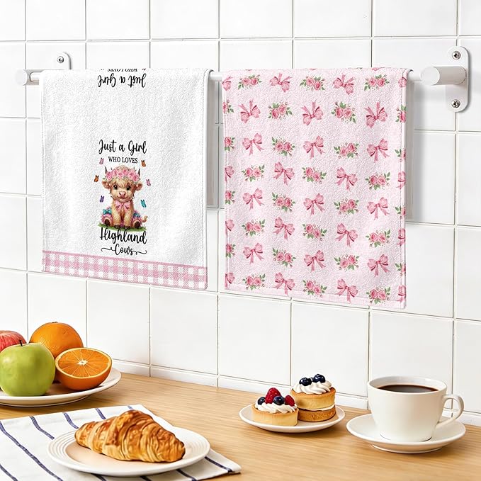 Highland Cow Kitchen Towels Set of 2 - Absorbent Dish Towels for Kitchen Drying, Cute Cow Dishcloths with Pink Bow Design, Decorative Dish Towels, Housewarming Gifts for Women Cows Lovers