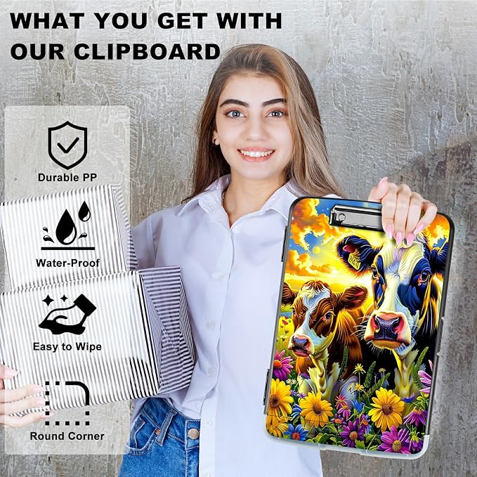 Purple Flower Cow A4 Clipboard with Storage Pen Holder, Clipboards Organizer Nursing Clipboard Foldable File Folder Plastic Clipboard Folio Clip Board for Office Students Classroom Doctor
