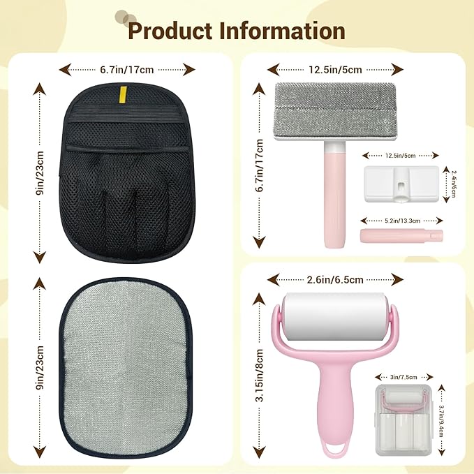 Pet Hair Removal Glove & Electrostatic Remover Set with Mini Lint Roller (180 Sheets) - Reusable Cleaning Tool for Sofa, Carpet, Cat Tree, Furniture, Car Seat and Clothes（3PCS）