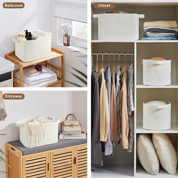 OIASKET Storage Basket for Organizing, Woven Baskets for Storage, Rectangle Decorative Baskets for Shleves, Closet, Toys, Books, Nursery Organizer Bins - Pack of 3 (White, 13"x9.85"x8.7")