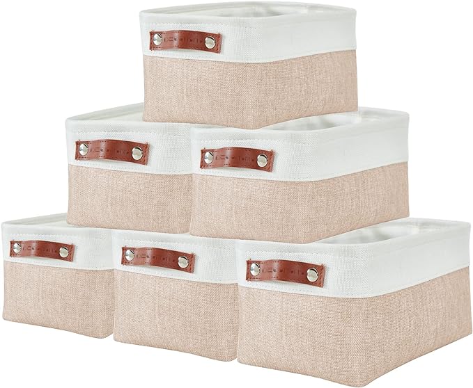 DECOMOMO Small Storage Basket, Closet Storage Bins | 6 Pack Baskets for Organizing Shelves, Decorative Linen Closet Baskets (Beige & White)