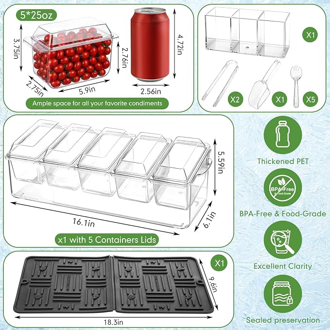 Ice Chilled Condiment Caddy with Drain Plug, 5 Containers with Lids, 85 oz Ice Capacity, 11 Pcs Complete Garnish Tray Condiment Server Set with Drainer Mat Cutlery Holder for Taco Bar Party
