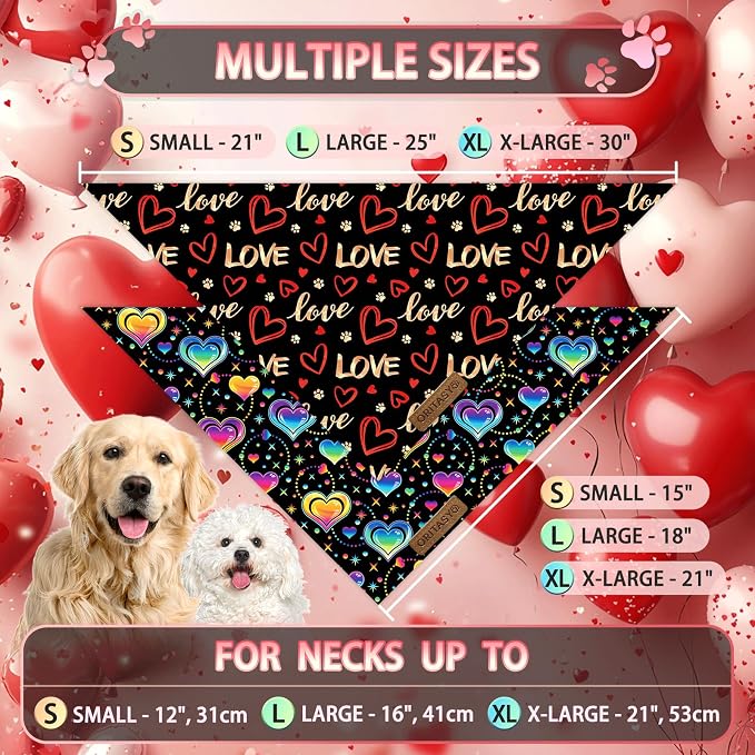 Valentines Day Dog Bandanas, 2-Pack Triangle Reversible Love Pet Scarves, Premium Fabric Bandana (Large, Style 2)