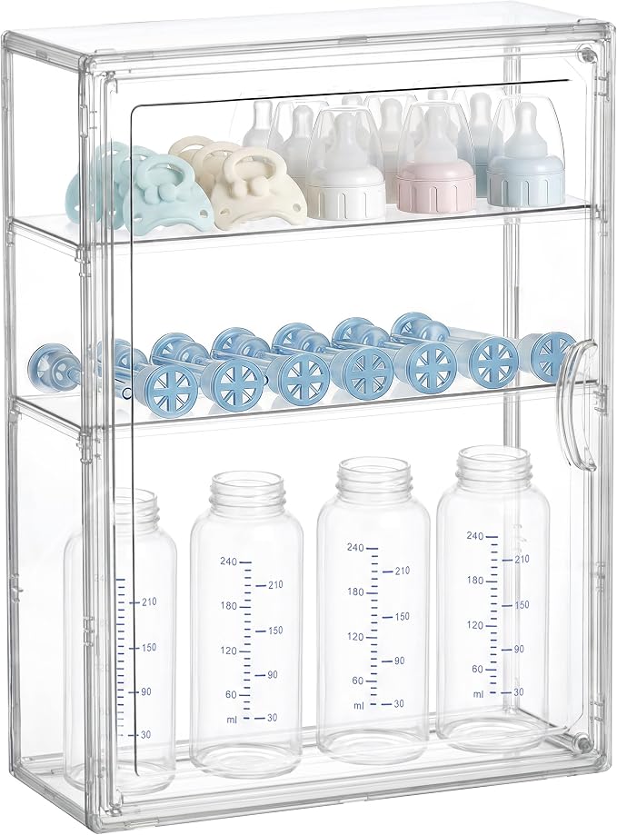 HBlife Baby Bottle Storage Organizer for Countertop Cabinet, 3 Tiers Adjustable Clear Acrylic Bottles Storage Station Case Box Container with 2 Removable Dividers and Magnetic Door, Medium