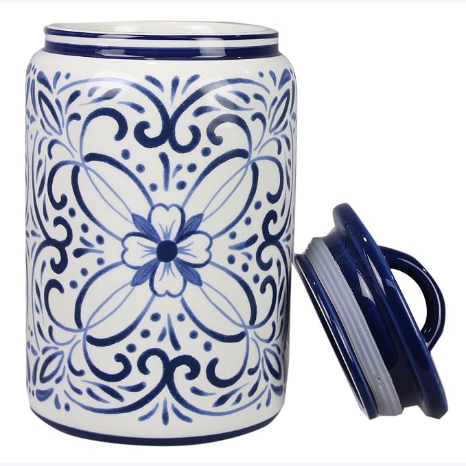 Young's Inc Ceramic Blue and White Talavera Treat Jar with Silcione Seal, 8 Inch Decorative Farmhouse Canister for Kitchen, Countertop, Storage Jar for Cookies, Tea, Sugar, Candy