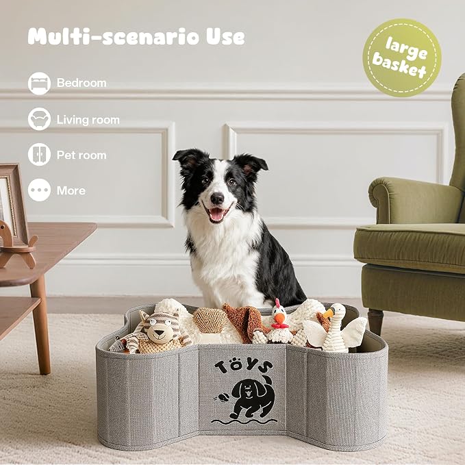 39L Dog Toy Basket, Collapsible Dog Bone Baskets for Toys, Dogs Storage Organizer with PU Handles, Pet Toys Basket with Bone Shape Design, Toy Baskets for Dogs, Gray, 22" x 14.4" x 7.5"