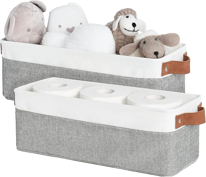 StorageWorks Narrow Storage Bins, Small Baskets, Grey and White, 2-Pack | With Metal Frame, Sturdy Structure, PU Handles, Toilet Paper Storage, Long Storage Bins for Bathroom, Closet, Shelf