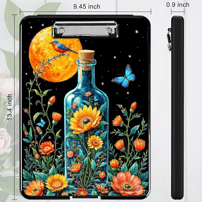 Heavy Duty Storage Clipboard, Slim Nursing Clipboard with Internal Pen Case, Portable File Organizer Case for A4 Letter Size Paper Office Medical Professionals, Drift Bottle Flowers Birds