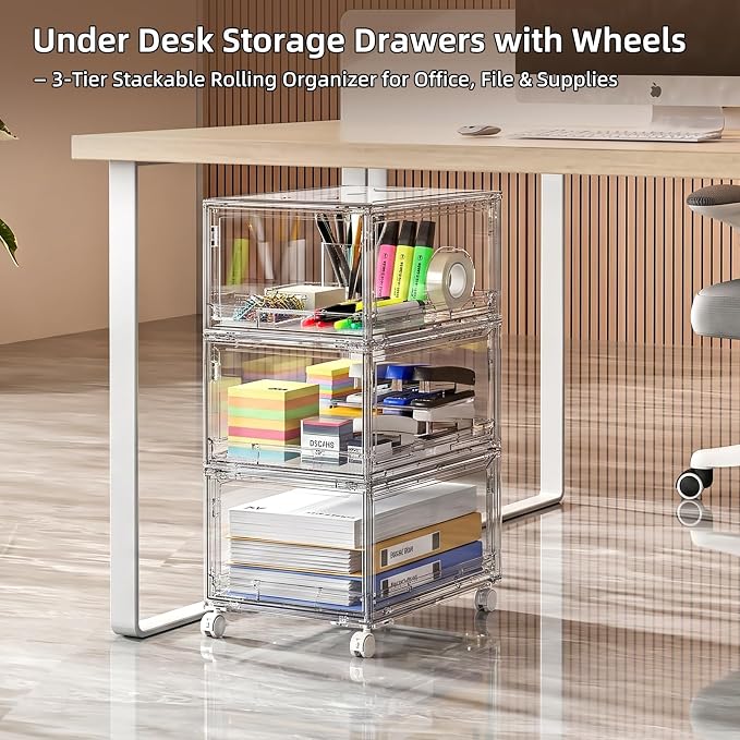 Large Clear Storage 3 Drawer Organizer with Wheels for Closet | Plastic Drawer Organizer, Storage Bins with Drawers, Dustproof Rolling Cart Bedroom, Bathroom, Home Office, and Dorm Rooms