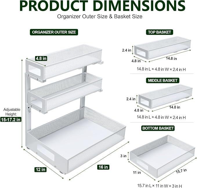 3 Tier Under Sink Organizer,1 Pack Pull Out Cabinet Shelves with Adjustable Height,Heavy Duty Carbon Steel L-Shaped Storage for Kitchen Bathroom Sink,Pantry & Laundry,White