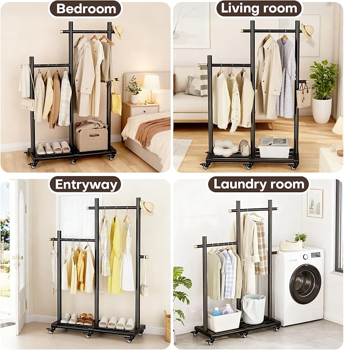 Wooden Clothing Rack, Double Pole Clothes Rack with 4 Hooks & 6 Wheels | Long and Short Clothing Section Design, Load Capacity 360Ib, Garment Rack for Hats, Scarves, Trench Coats, and Shoes
