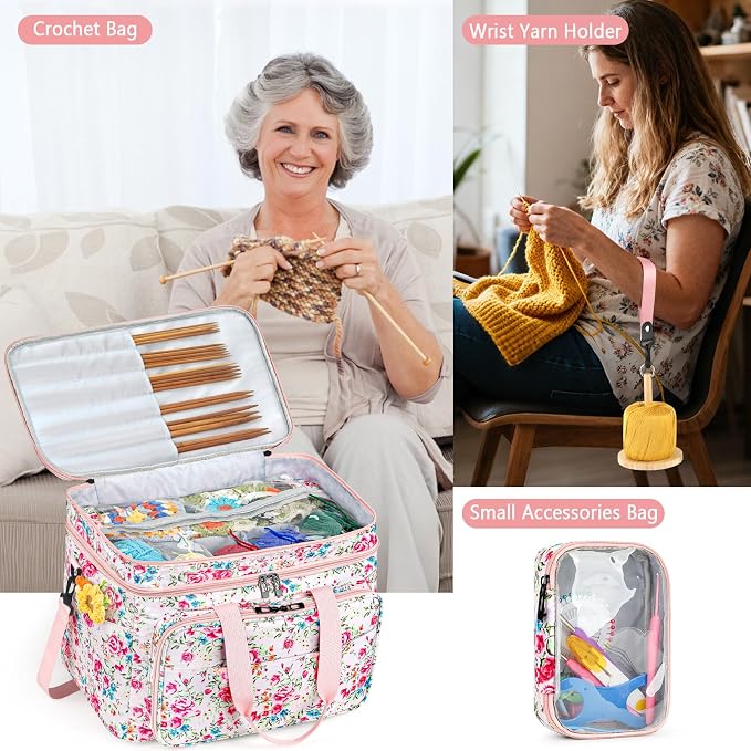 Crochet Organizer Bag with Yarn Holder, Large Yarn Storage for Accessories | 3PCS Crochet Knitting Bag with Accessory Pouch for Hooks, Needles, Travel Tote, Crochet Lovers, Gift for Crafters, No-Tangle
