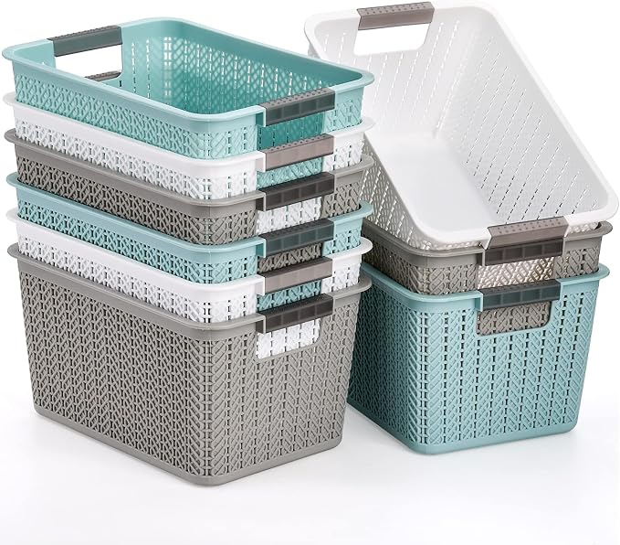 Lawei 9 Pack Plastic Storage Baskets, 10.5 x 7.1 x 5.5 Inch Weave Storage Bins with Handle, Plastic Shelf Organizer Basket for Home Cabinet, Pantry Storage Bins for Toys, Classroom, 3 Colors