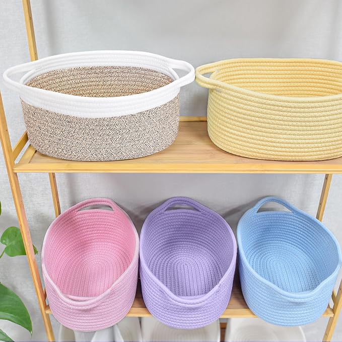 ABenkle Small Basket with Handles, Boho Decorative Rope Woven Dog Cat Toy Storage Bin Shelf Storage Organizer, Easter Christmas Gift Basket, 12"x8"x5", Mixed Brown