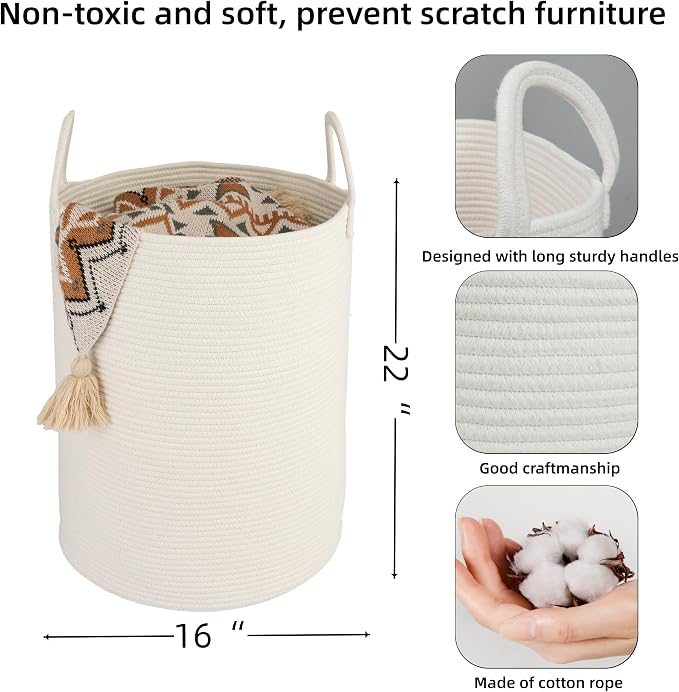 XUANGUO White Cotton Rope Laundry Basket Hamper for Clothes Large | Baby Nursery Hamper Bin and Woven Storage Basket for Living Room Bedroom Boho Tall Rope Baskets Blankets Toys Pillow Towels