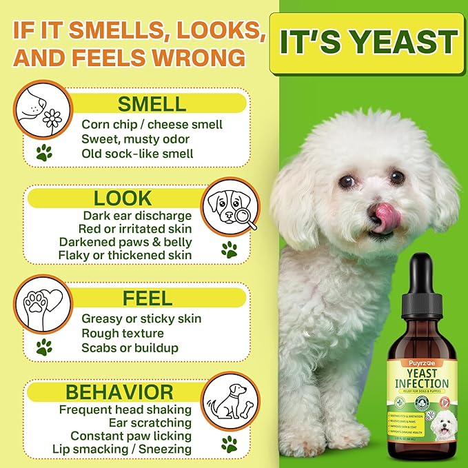 puyrzoe Natural Yeast Infection Treatment for Dogs, Itchy Ears, Skin, Paws & Allergy Relief, Yeast Treatment for Dogs, Supports Gut & Immune Health, Reduces Itching, Irritation & Inflammation, 60ml
