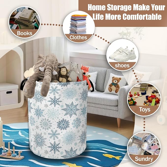Winter Snowflake Laundry Basket,Laundry Hamper Waterproof Oxford Cloth Tote Bag,Clothes Storage Bucket Decorative Toy Organizer for Bathroom Bedroom 16" x 20.8"