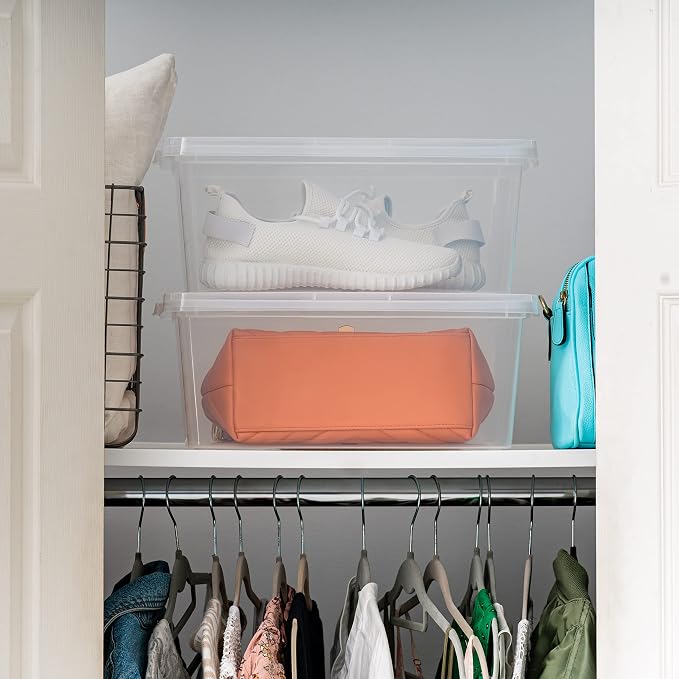 IRIS USA 12-Pack 15 Qt Storage Bins with Lids, Clear, Stackable | Ideal for shoes, crafts, office supplies and pantry items, nestable design, transparent design makes contents easy to find
