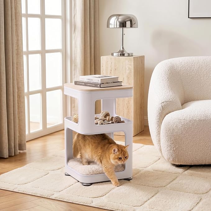 EUREKA ERGONOMIC Side Table Cat Beds, Square End Table with Cat House, Metal Nightstand with 3 Tier Storage, Modern Side Table End Beside Table for Living Room Bedroom Indoor, Easy Assembly, White