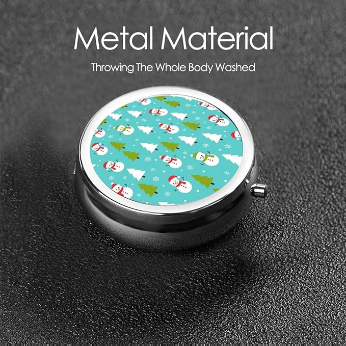 Mini Pill Container, Christmas Cute Snowman Snowflakes Tree Mint Green Round Sturdy Organizer, Portable Holder for Supplements, Travel Pill Case Purse Essential for Gym