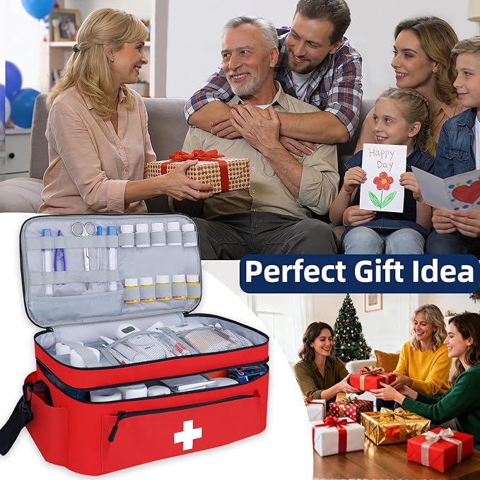 First Aid Bag Empty Large 2 Layer Medical Bag with Shoulder Strap 16”x 9½” x 7” Medicine Organizer Box Travel First Aid kit Emergency Supplies Storage Bag for Car, Home, Office, Outdoor (Red)
