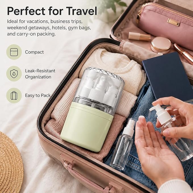 4-in-1 Travel Dispenser with 4 x 50 mL Bottles, Green | 4 refillable 50 mL bottles, pump and spray tops, included label stickers, compact design for toiletries, travel, gym