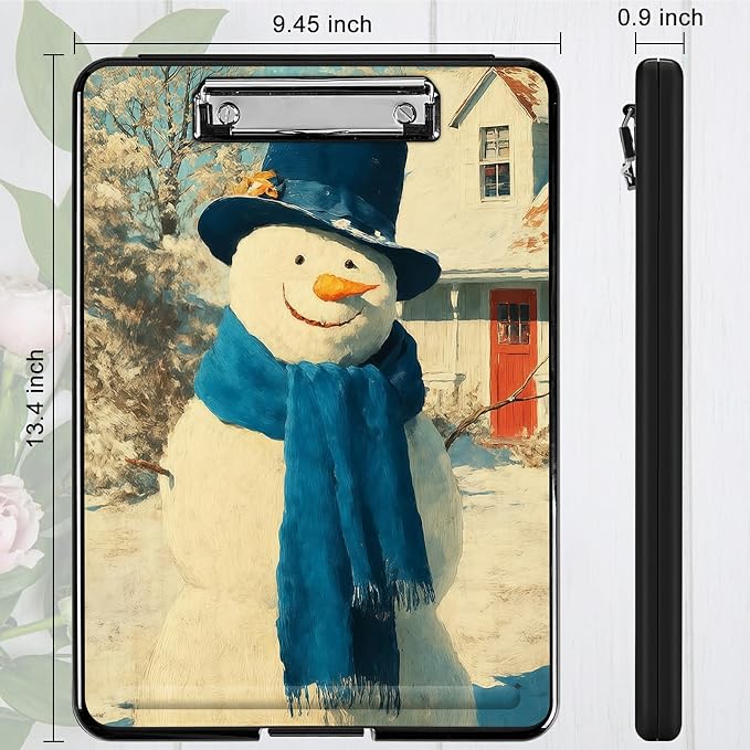 Heavy Duty Storage Clipboard, Slim Nursing Clipboard with Internal Pen Case, Portable File Organizer Case for A4 Letter Size Paper Office Medical Professionals, Blue Towel Snowman
