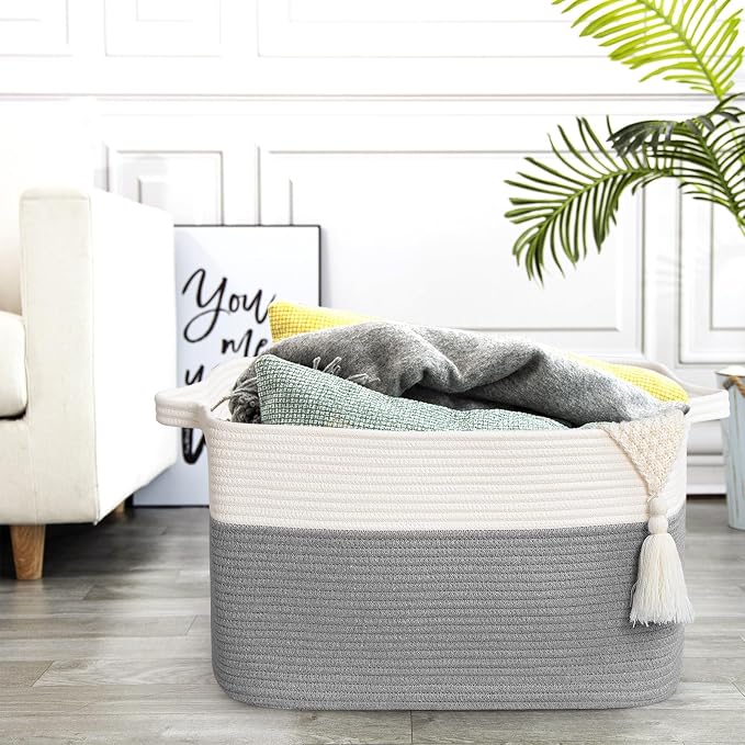 Large Blanket Basket, 100L Storage Baskets for Organizing, Woven Laundry Basket for Blankets, Cotton rope Blanket Storage for Living Room, Nursery Room, 24.8" L x 15.74" W x 15.74" H, Gray