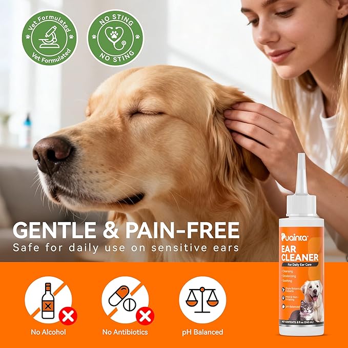 PUAINTA Dog Ear Cleaner Solution - Alcohol-Free Ear Wash with Quantum Silver & Witch Hazel - Soothes Itch, Removes Wax & Odor - Gentle Daily Flush for Dogs & Cats (8 oz)