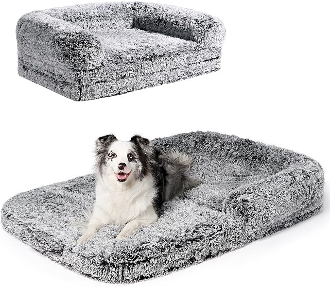 EHEYCIGA Foldable XXL Dog Bed for Large Sized Dog - 54x38x7.5, Faded Black | Faux Fur Fluffy Pet Couch Bed, Orthopedic Calming Memory Foam Big Pet Bed, Washable Pet Sofa Bed with Non-Slip Bottom