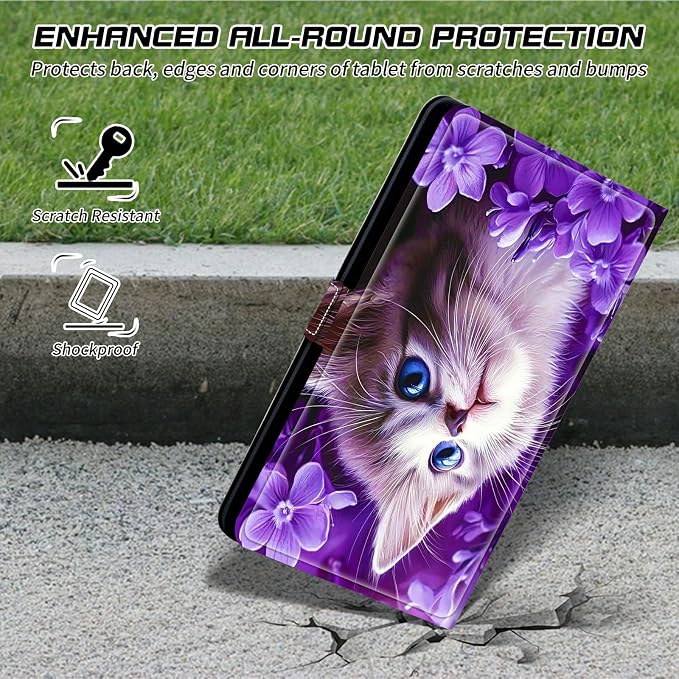Universal Case for T-Mobile Revvl Tab 2 10.1" Model:9185W 2025/Revvl Tab 5G 10.36" 2023, 360 Degree Rotating Kickstand Protective Stand Leather Shell Cover for 9"-10.5", Purple Cat Flower