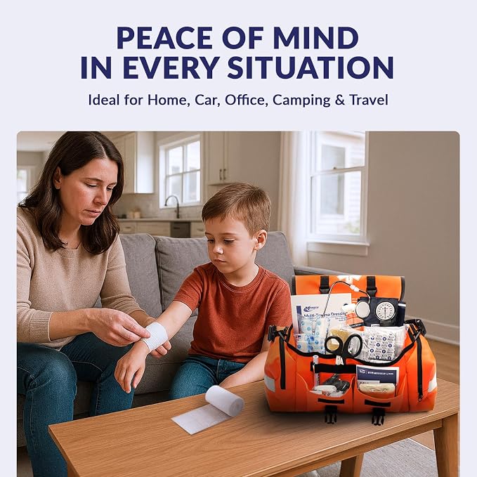MFASCO Complete Emergency Response First Aid Kit Trauma Bag, Orange | 415 Piece Fully Stocked Supplies for Disaster Preparedness | for Business, Schools, Organizations, Groups, Home Safety